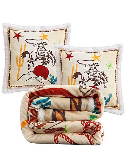 Indigo Hill by HiEnd Accents Retro Rodeo Campfire Sherpa Western Adventure Pillow and Blanket Set
