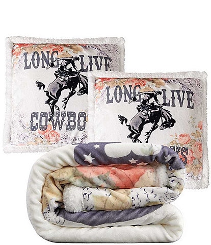 Indigo Hill by HiEnd Accents Rodeo Revival "Long Live Cowboys" Campfire Sherpa Accent Pillow and Blanket Set