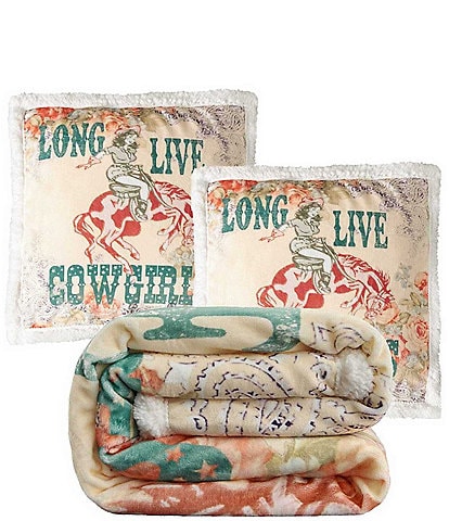 Indigo Hill by HiEnd Accents Rodeo Revival "Long Live Cowgirls Campfire Sherpa Accent Pillow and Blanket Set