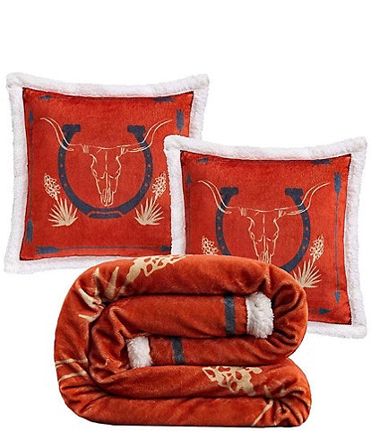 Indigo Hill by HiEnd Accents Marfa Campfire Sherpa Cowboy Horseshoe Accent Pillows and Blanket Set