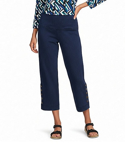 Intro Aimee Knit Denim Coconut Button Hem Pull-On Straight Leg Capri Pants