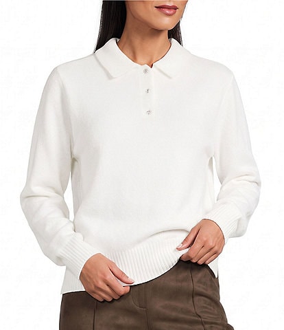 Intro Cable Knit Crystal Trim Polo Collar Long Sleeve Sweater