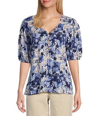 Intro Cornflower Blue Floral Print V-Neck Short Puffed Sleeve Half Button Front Cotton Slub Jersey Knit Shirt
