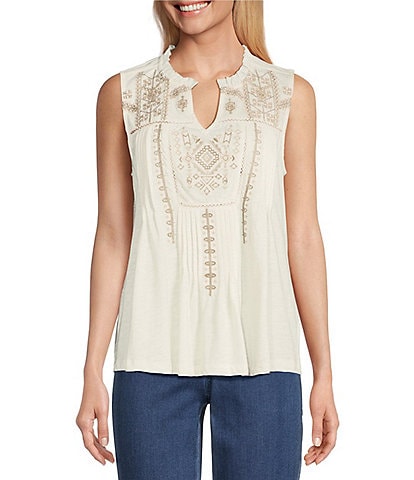 Intro Cotton Knit Embroidered Lace Notch V-Neck Sleeveless Swing Tank Top