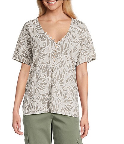 Intro Cotton Slub Jersey Abstract Leaf Print V-Neck Short Sleeve Tee Top