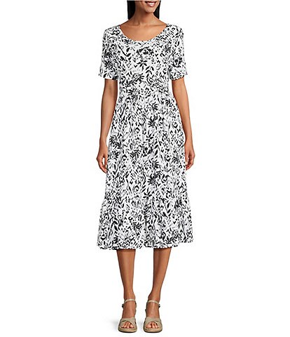 Intro Cotton Slub Jersey Printed Scoop Neck Short Sleeve A-Line Tiered Hem Dress