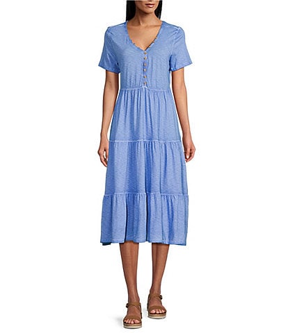 Intro Cotton Slub Knit Jersey Henley V-Neck Short Tiered Midi Dress