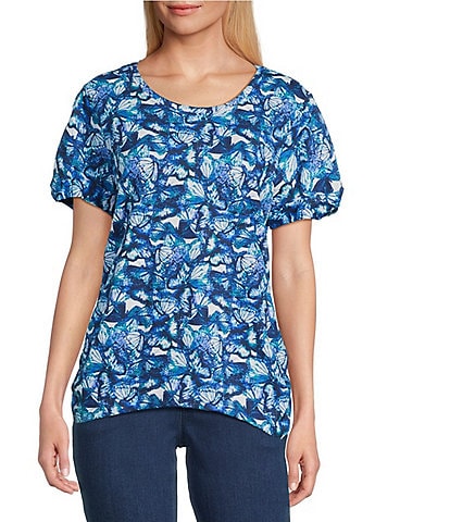 Intro Cotton Slub Printed Scoop Neck Short Twist Sleeve Rushed Tee