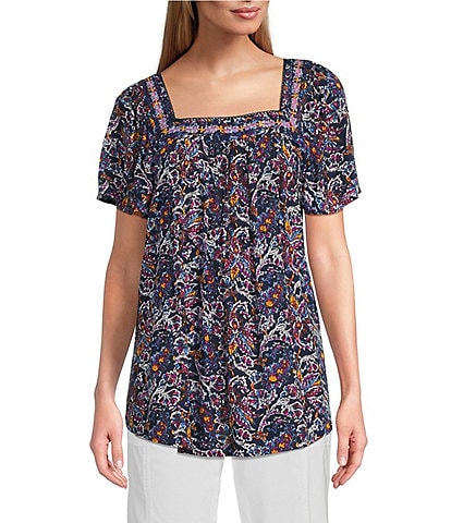 Intro Crinkle Gauze Embroidered Printed Square Neck Short Flutter Sleeve Top