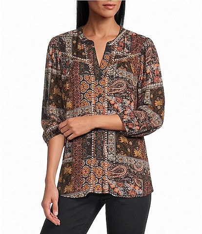 Intro Crinkle Gauze Patchwork Banded Y-Neck 3/4 Elastic Cuff Sleeve Button Front Top