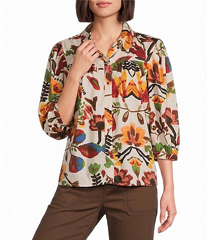 Intro Crinkle Woven Printed Point Collar3/4 Puff Sleeve Button Front Placket Shirt