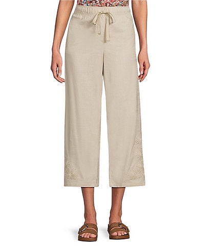 Intro Elara Embroidered Hem Drawstring Tie Pull-On Capri Pants