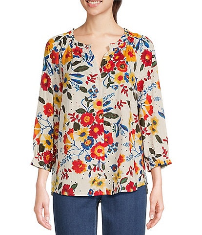 Intro Embroidered Floral Print Split Round Neck 3/4 Balloon Sleeve Ruffle Trim Button-Front Boho Peasant Top