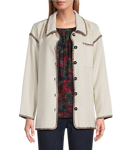 Intro Embroidered Whipstitch Point Collar Long Sleeve Button Front Shirt Jacket