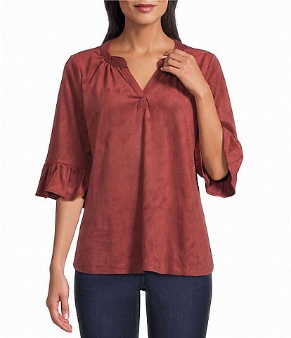 Intro Faux Suede Split V-Neck 3/4 Ruffle Bell Sleeve Top