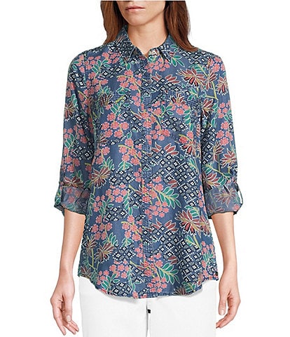Intro Floral Geometric Mix Print Long Roll-Tab Sleeve Button Front Point Collar Tencel Shirt