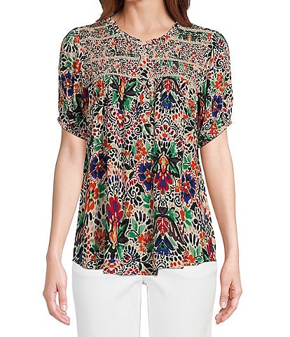 Intro Floral Print Frill Crew Neck Short Sleeve Smocked Yoke Lace Inset Half-Button Front Top