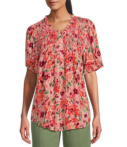 Intro Floral Print Frill Crew Neck Short Sleeve Smocked Yoke Lace Inset Half-Button Front Top