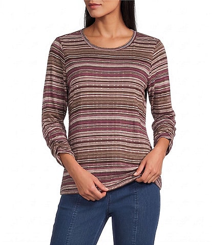 Intro Jersey Knit Yarn Dye Stripe Crew Neck 3/4 Sleeve Top