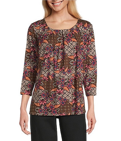 Intro Knit Jersey Beaujolais Floral Batik Print 3/4 Sleeve Pleated Neck Tee