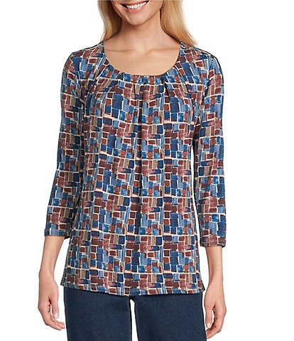 Intro Knit Jersey Country Blue 3/4 Sleeve Pleated Neck Tee