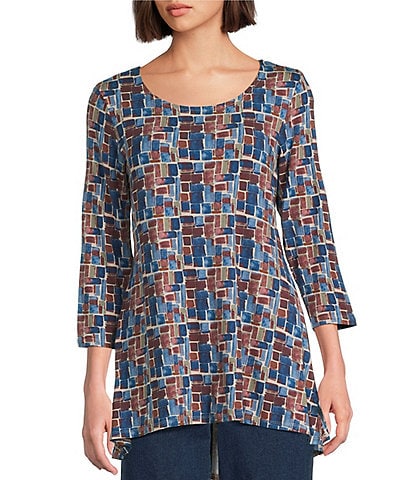 Intro Knit Jersey Country Blue Floral 3/4 Sleeve Pleated Neck Tee