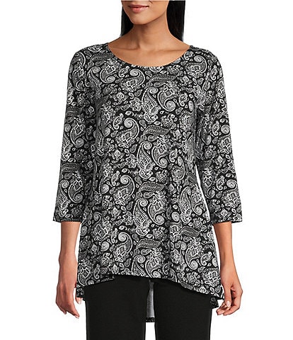 Intro Knit Jersey Ebony Black Paisley 3/4 Sleeve Pleated Neck Tee