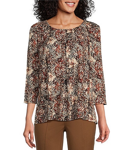 Intro Knit Jersey Floral Safari Print Scoop Pleated Neck 3/4 Sleeve Tee Shirt