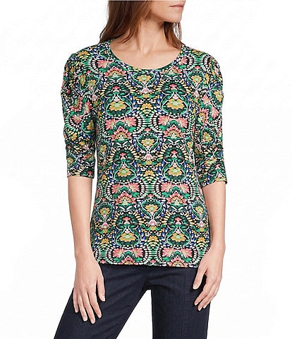 Intro Knit Jersey Jacobean Watercolor Crew Neck Elbow Ruched Sleeve Top