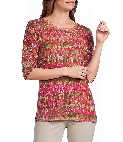 Intro Knit Jersey Raspberry Sorbet Crew Neck Elbow Ruched Sleeve Top