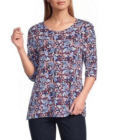 Intro Knit Jersey Victoria Blue Crew Neck Elbow Ruched Sleeve Top