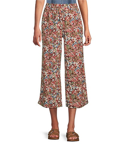 Intro Linen-Blend Abstract Floral Print Pull-On Capri Pants