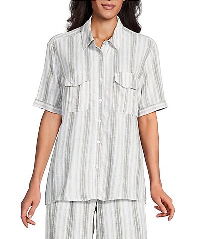 Intro Linen Blend Coordinating Stripe Point Collar Elbow Sleeve Button Front Camp Shirt