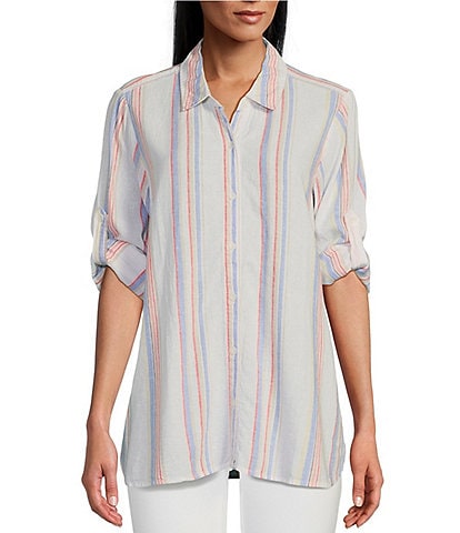 Intro Linen Blend Denim Stripe Print Point Collar 3/4 Roll-Tab Sleeve Button-Front Shirt