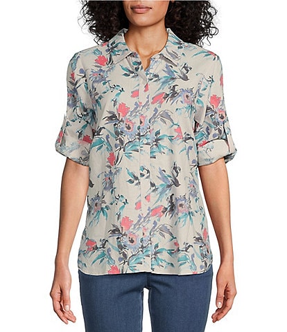 Intro Linen Blend Floral Point Collar 3/4 Roll-Tab Sleeve Button-Front Shirt