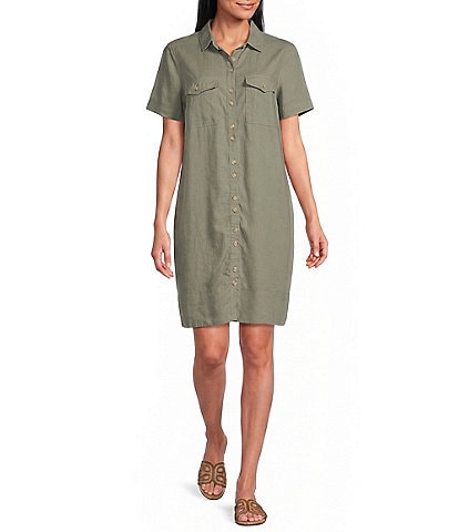 Intro Linen-Blend Point Collar Sleeveless Button-Front Shirtdress