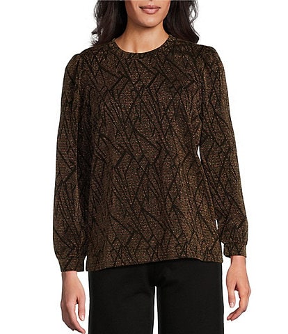 Intro Lurex Knit Metallic Scoop Neck Long Sleeve Top