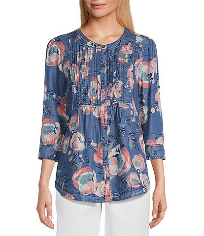 Intro Lyocell Denim Floral Print Split Round Neck 3/4 Roll-Tab Sleeve Button-Front Top