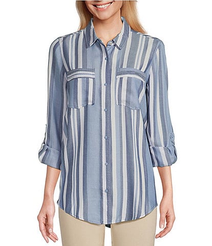 Intro Lyocell Yarn Dye Indigo Stripe Point Collar Roll-Tab Sleeve Snap-Front Shirt