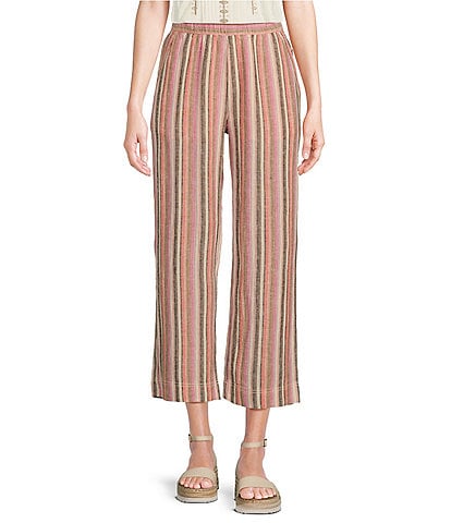 Intro Penny Linen-Blend Multi Stripe Print Relaxed Leg Pull-On Crop Pants