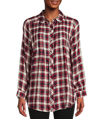 Intro Petite Size Check Print Lurex Detail Long Raglan Sleeve Button Front Tunic