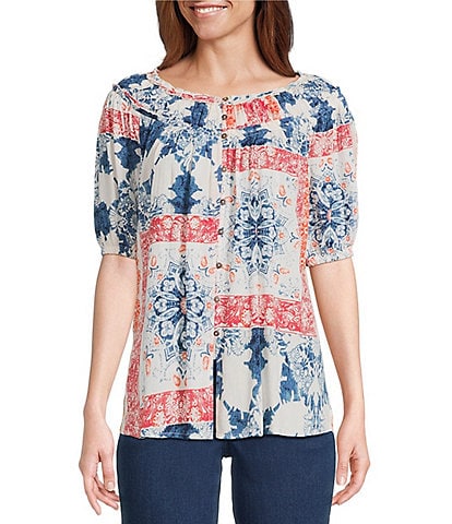 Intro Petite Size Crinkle Gauze Printed Scoop Neck Elbow Sleeve Button Front Peasant Top