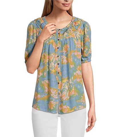 Intro Petite Size Crinkle Gauze Printed Scoop Neck Elbow Sleeve Button-Front Peasant Top