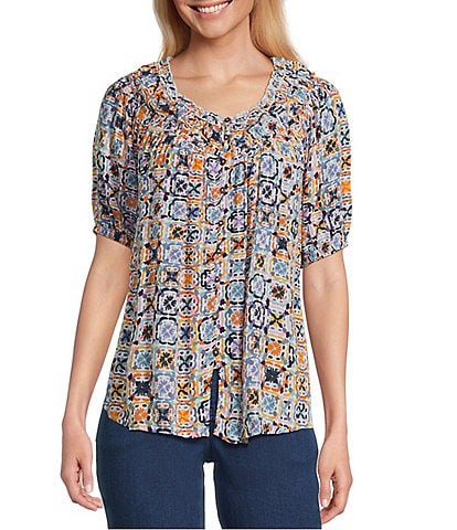 Intro Petite Size Crinkle Gauze Printed Scoop Neck Elbow Sleeve Button Front Peasant Top