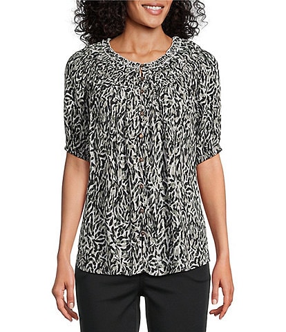Intro Petite Size Crinkle Gauze Printed Scoop Neck Elbow Sleeve Button Front Peasant Top
