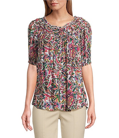 Intro Petite Size Crinkle Gauze Printed Scoop Neck Elbow Sleeve Button Front Peasant Top
