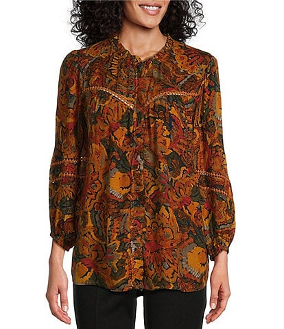Intro Petite Size Crinkle Gauze Tapestry Print Split V-Neck 3/4 Sleeve Lace Inset Pleated Peasant Top