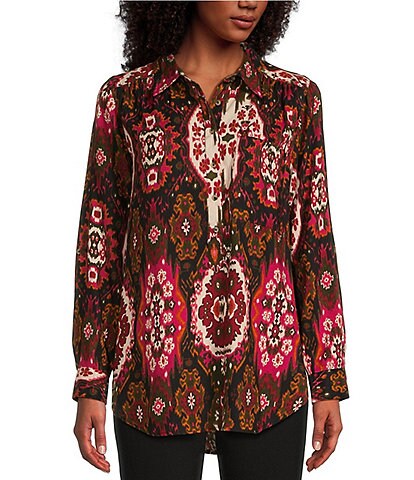 Intro Petite Size Ebony Black Multi Printed Woven Point Collar Roll-Tab Sleeve A-Line Easy Popover Tunic