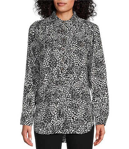 Intro Petite Size Ebony Black Printed Woven Point Collar Roll-Tab Sleeve A-Line Easy Popover Tunic
