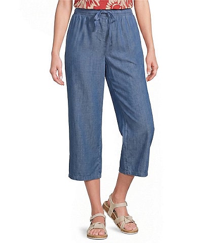 Intro Petite Size Elara Embroidered Hem Drawstring Tie Pull-On Denim Capri Pants